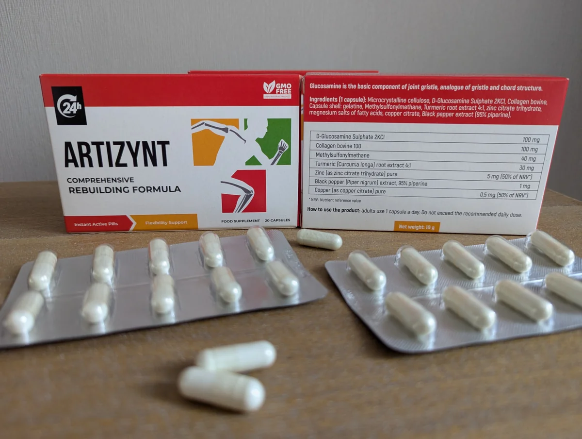 Fotografia real das embalagens de ArtiZynt e cápsulas, com o rótulo visível